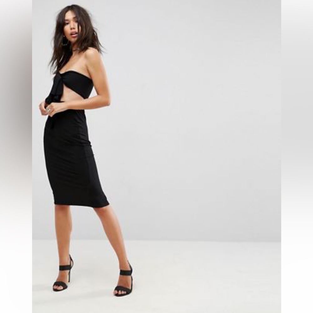 ASOS black bow front tie stretch midi dress - Picture 2 of 6